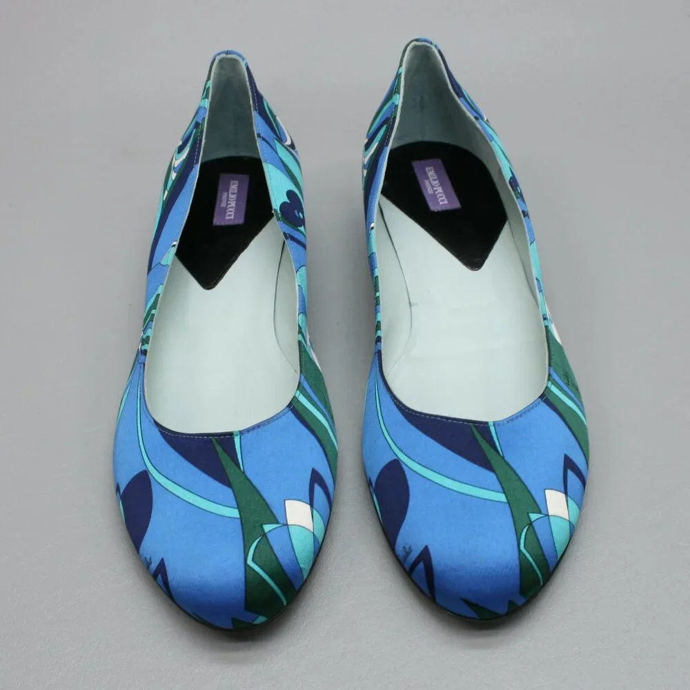 Emilio Pucci 41 Ladies 10.5-11 Blue Teal Silk Ballet Flats Low Heels Shoes Italy - Picture 5 of 12